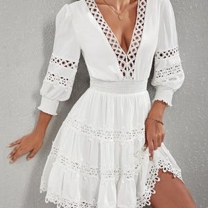 SHEIN VCAY Guipure Lace Insert Shirred Waist Dress Size Large White